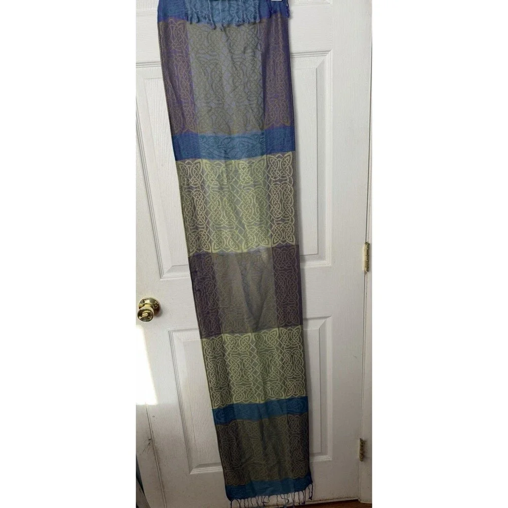 O'Culligans Ireland Celtic Knot Pashmina Jacquard Fringe Scarf Blue Green